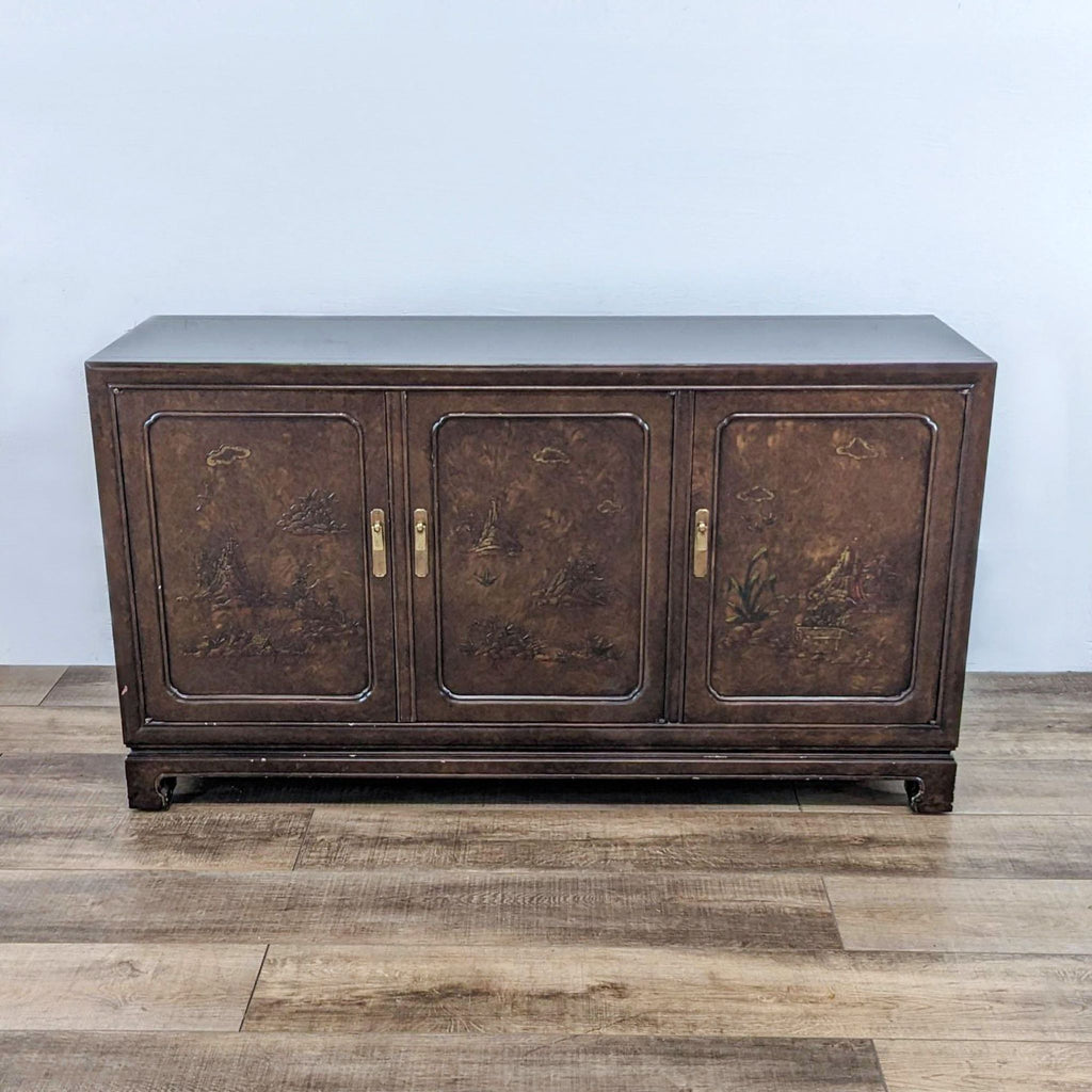 Hand-painted John Widdicomb sideboard from the 1960s with ornate design and three cabinets.