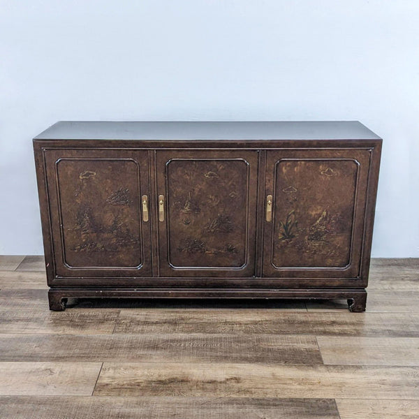 Hand-painted John Widdicomb sideboard from the 1960s with ornate design and three cabinets.