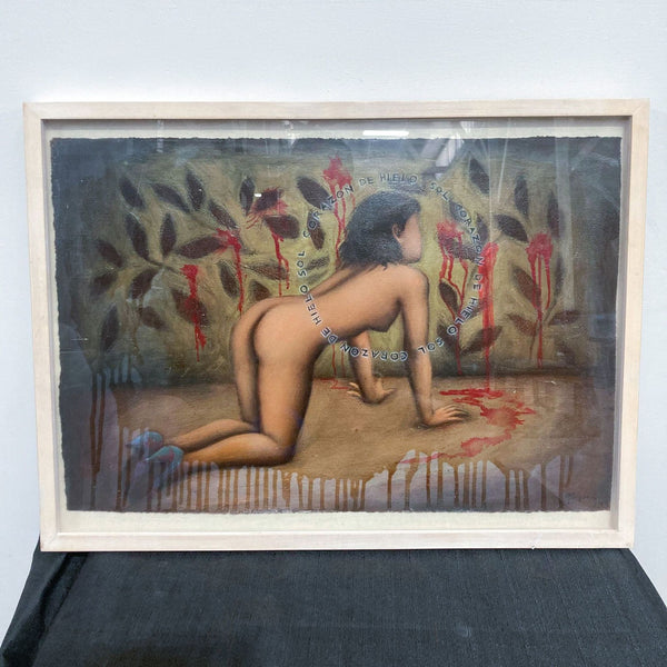 Mixed media artwork of a nude woman in high heels facing a wall with bleeding plants, signed by Marquez.