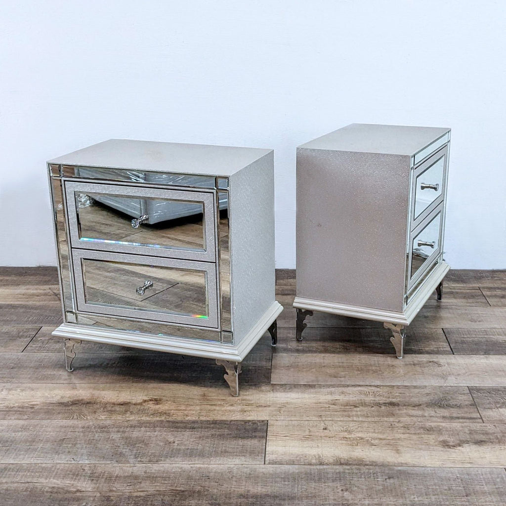 Mirrored nightstand with chrome knobs and textured vinyl, fully upholstered.