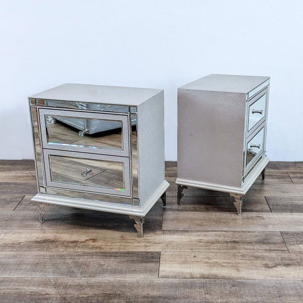 Mirrored nightstand with chrome knobs and textured vinyl, fully upholstered.