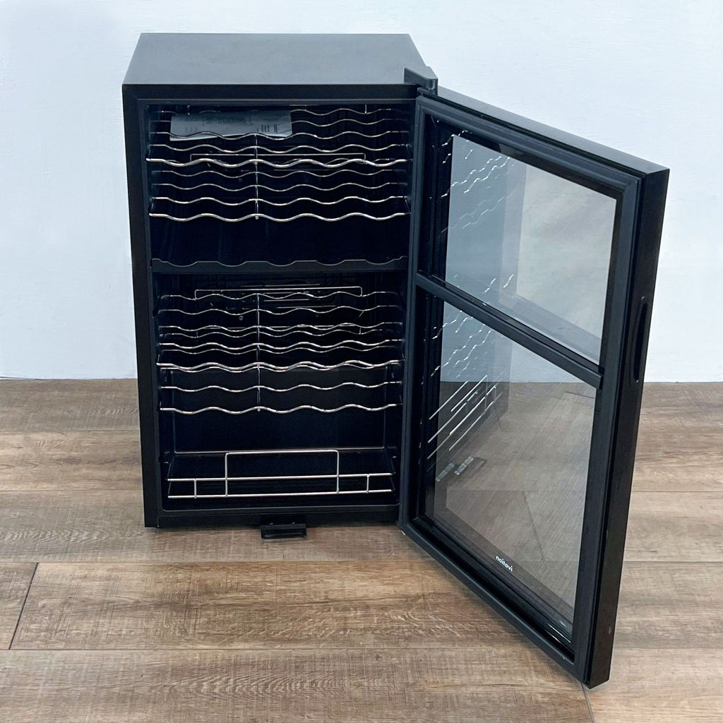 Ivation fridge with open door revealing wine racks inside.