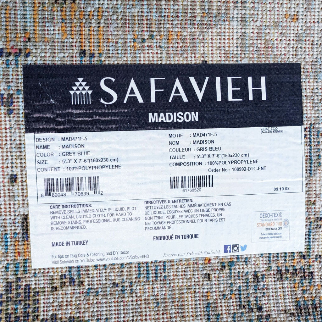 Label of Madison Blue Gray rug by Safavieh in English and French.