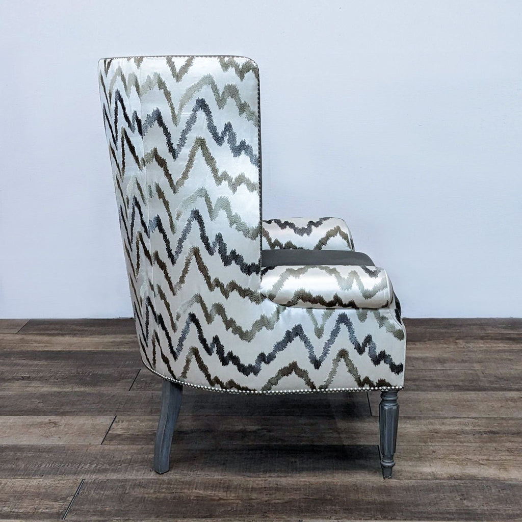 Side view of Belmar Wingback Chair with wavy pattern and elegant legs.