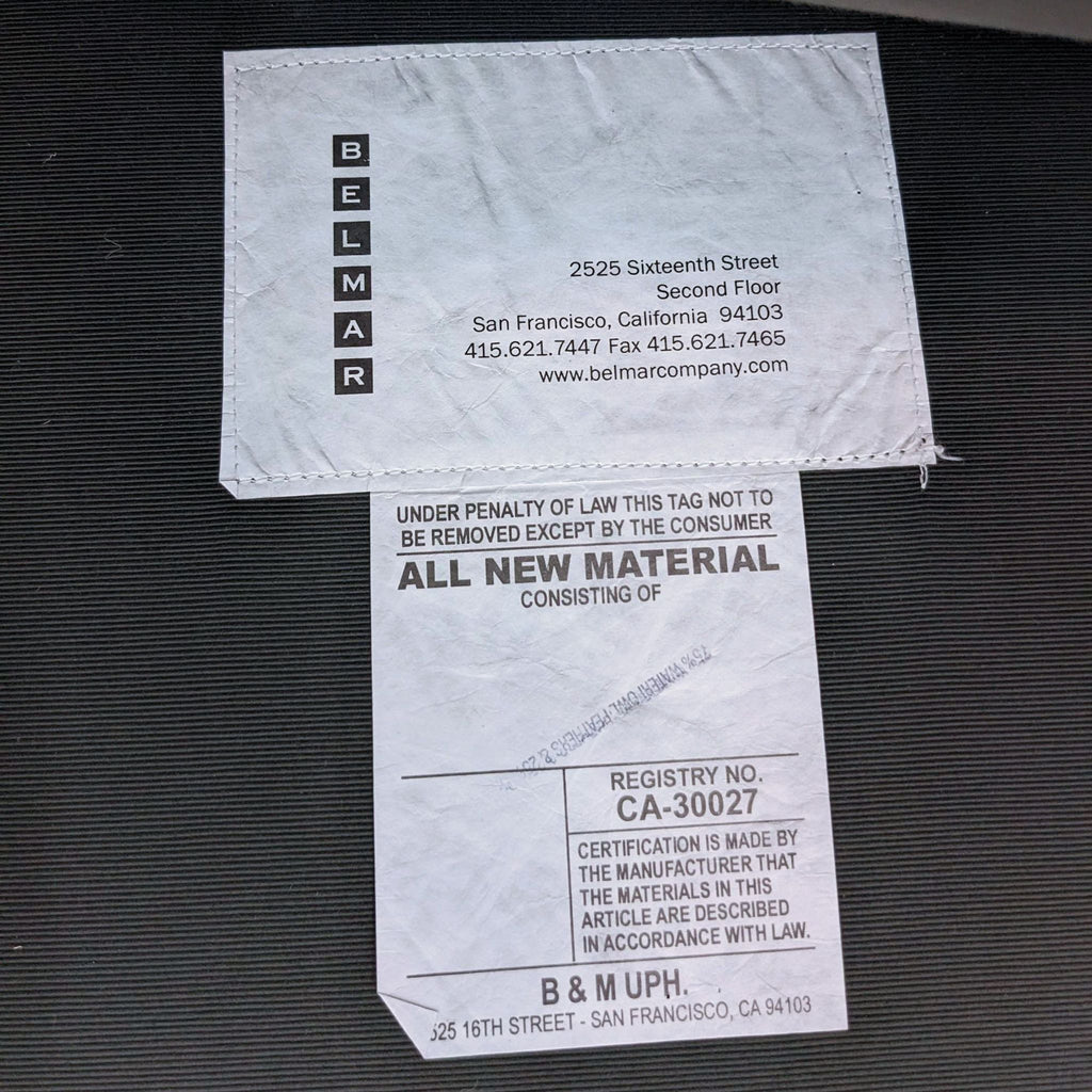 Product label for Belmar Contemporary Wingback Chair with manufacturing details.