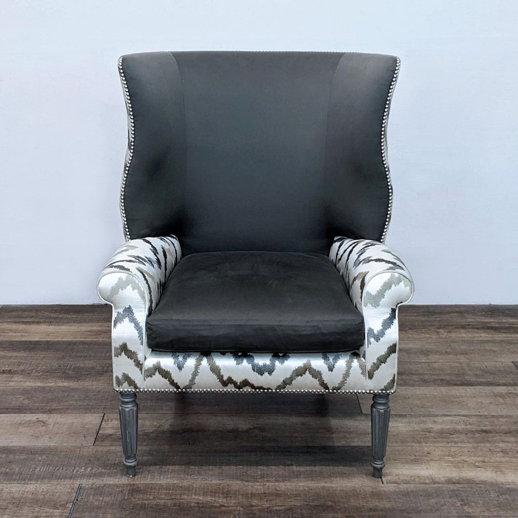 Belmar Wingback Chair with chevron design and nailhead trim, front view.