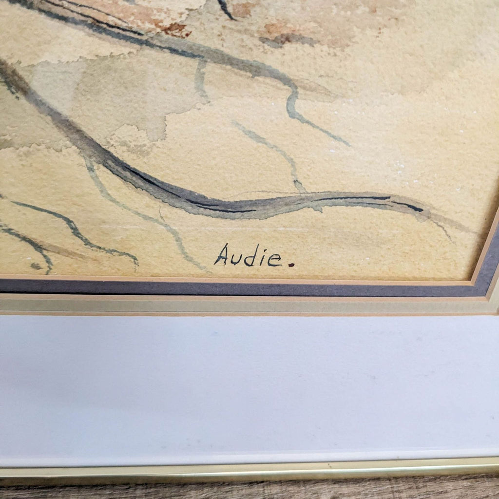 Artwork of white house and horse in a country setting, framed and signed by Audie.