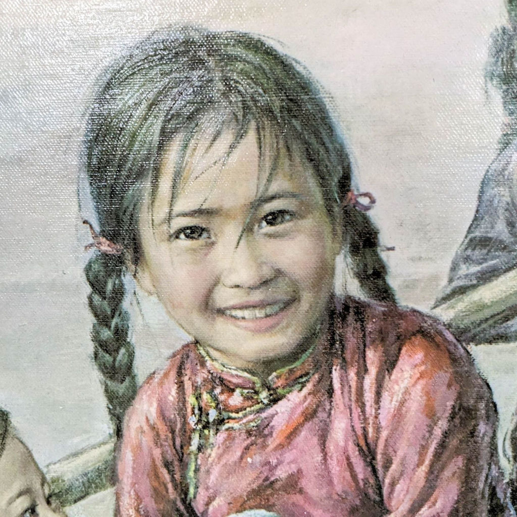 Detail of a smiling child in the boat from Kee Fung Ng's artwork.