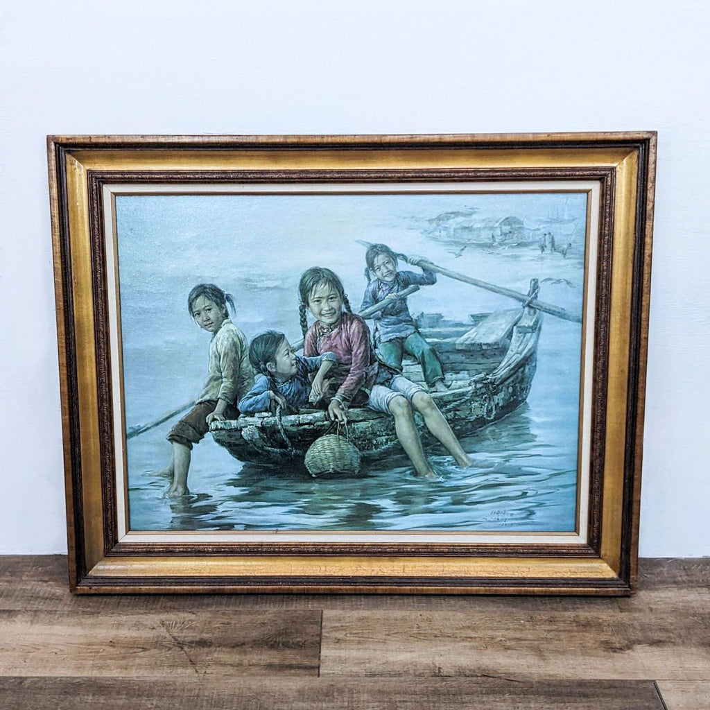 Painting of children in a boat by Kee Fung Ng, framed elegantly.