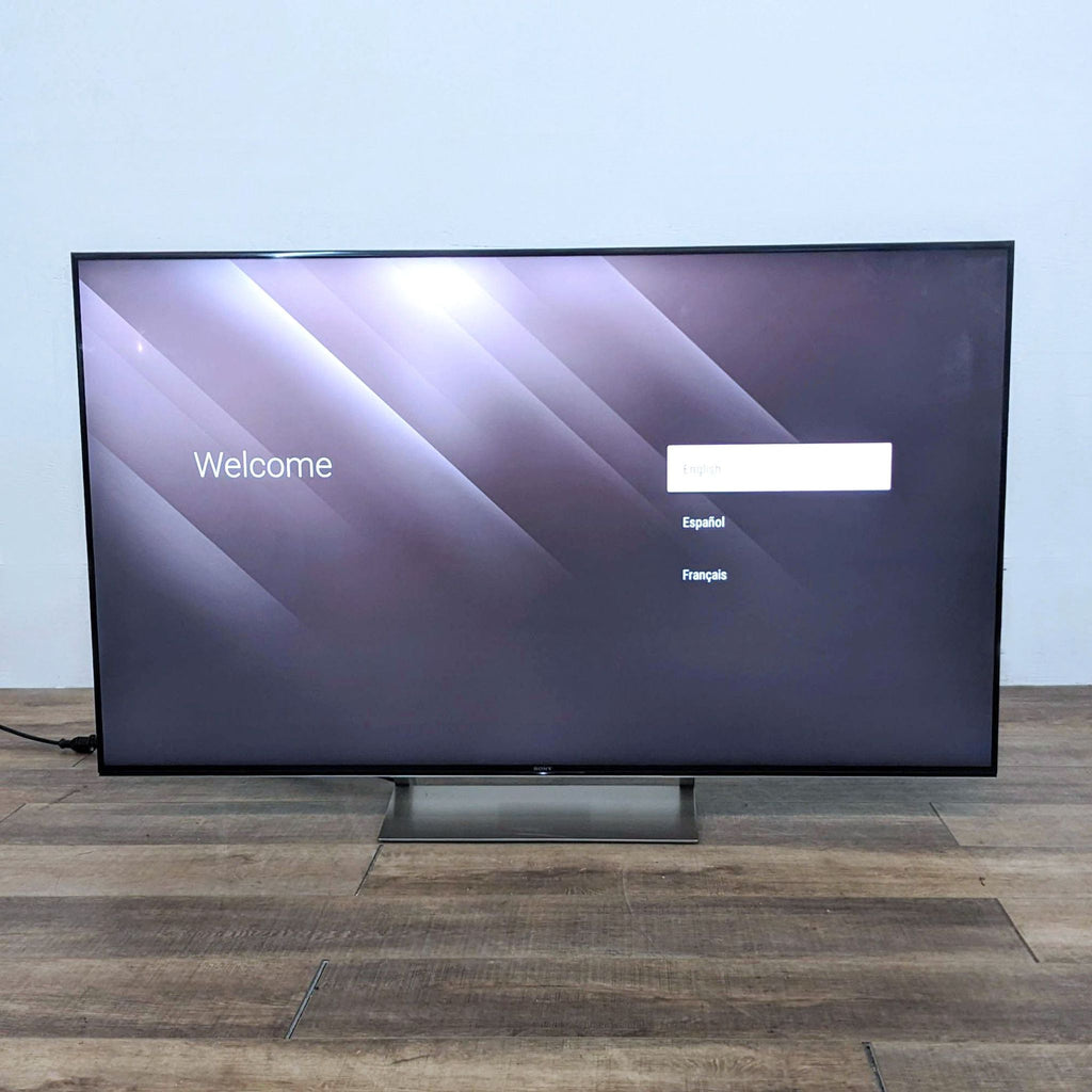 Sony TV displaying a welcome screen with language options.