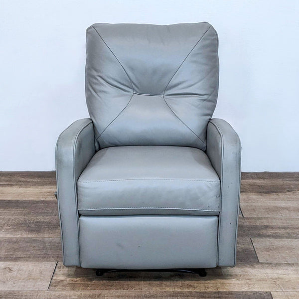 Front view of a gray leather recliner with soft cushions, showing modern design.