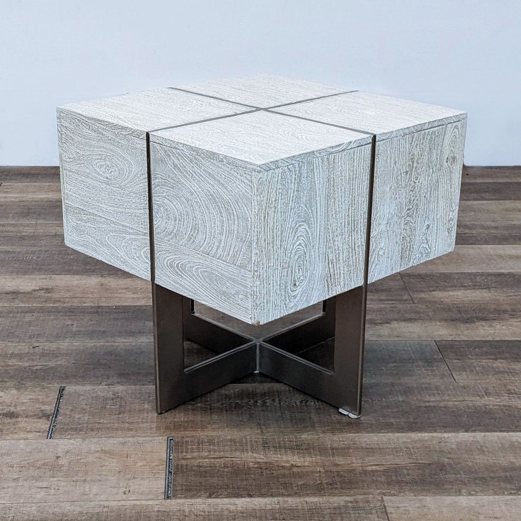 Z Gallerie end table with mango wood and nickel-finished iron legs.
