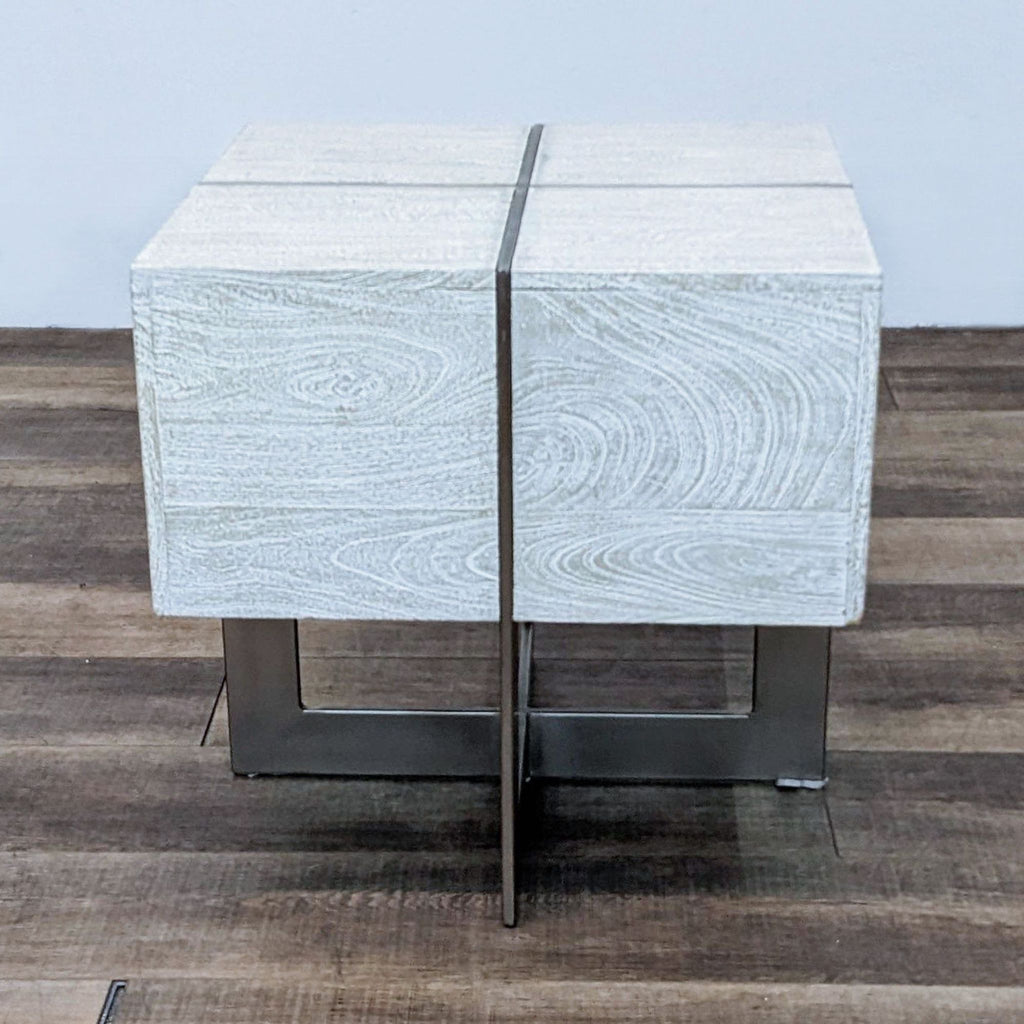 Square end table with hand-sanded mango wood and solid iron legs.