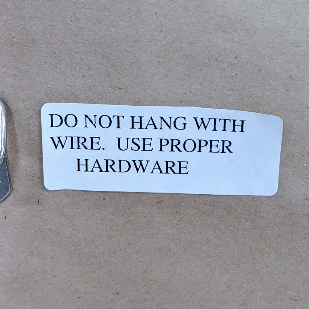 Warning label on the back: "Do not hang with wire. Use proper hardware."