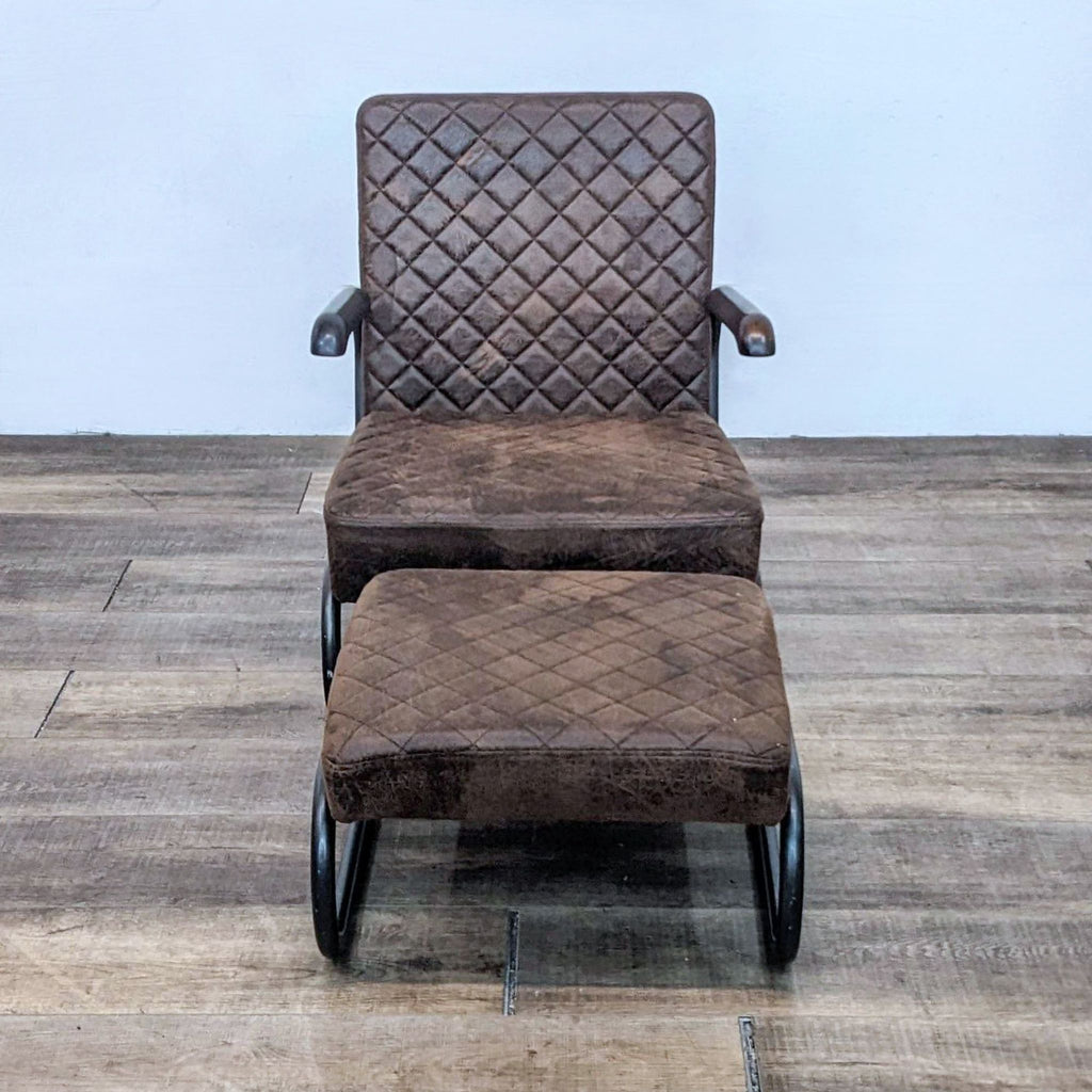 Front view of a brown leatherette lounge chair and ottoman with quilted texture.