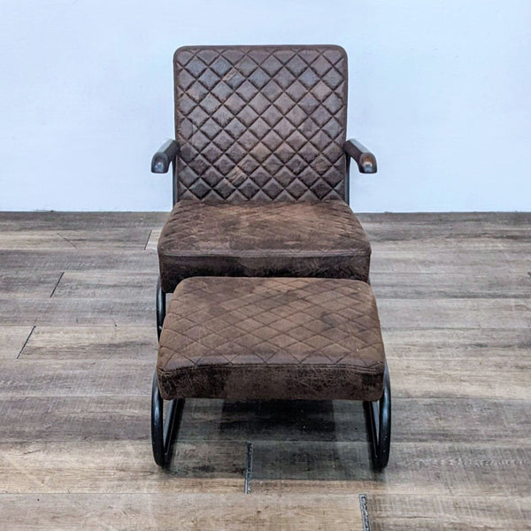 Front view of a brown leatherette lounge chair and ottoman with quilted texture.