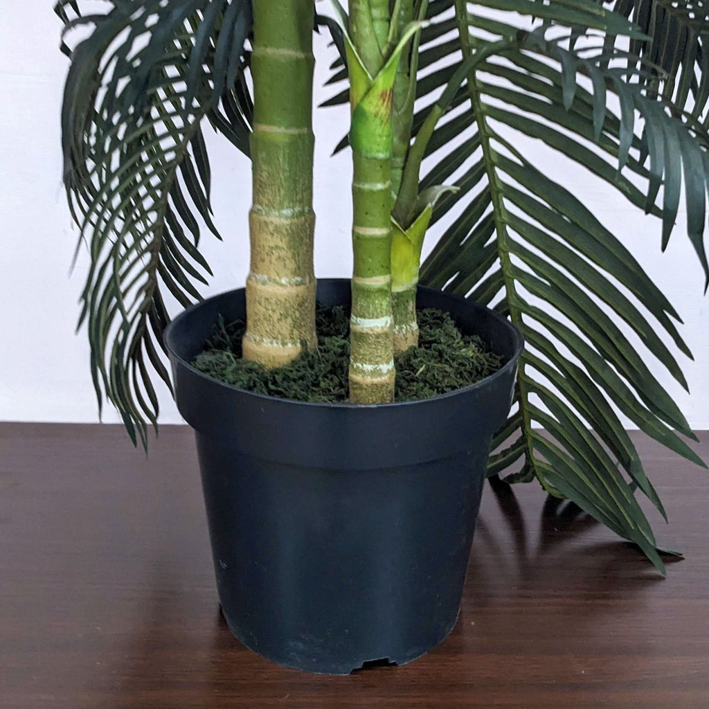 Detailed view of leaves and stem of the faux bamboo plant in a black pot.
