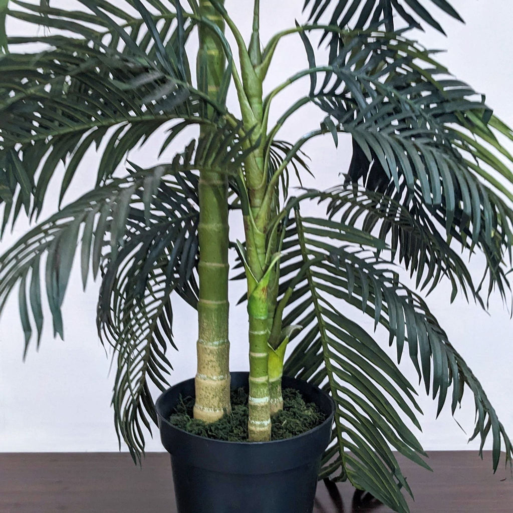 Close-up of the faux bamboo plant's base in a black pot.