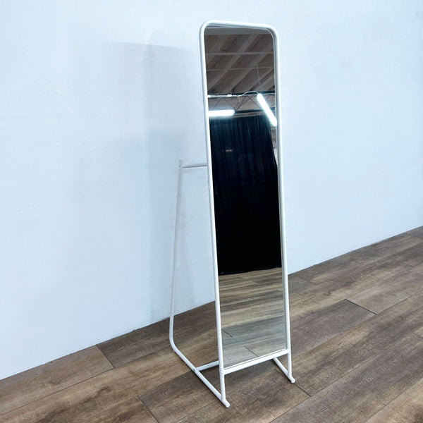 Full-length mirror with white metal frame, clothes rod, and back hooks.