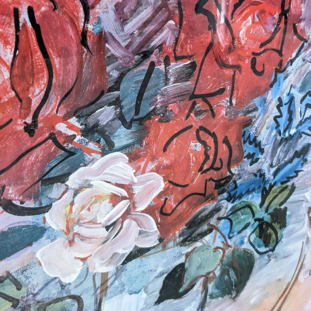 Detailed view of colorful flowers in a Raoul Dufy art print with bold brushstrokes.