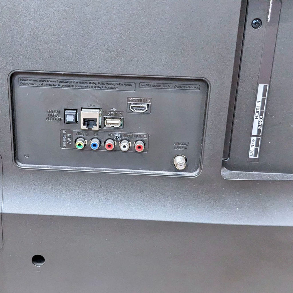 Close-up of LG TV's back panel showing various input and output ports.