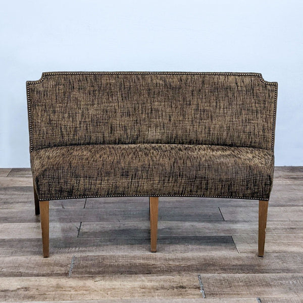 Olive green curved bench with nail head trim, tight back, and wood legs, for Stools, Ottomans & Benches.