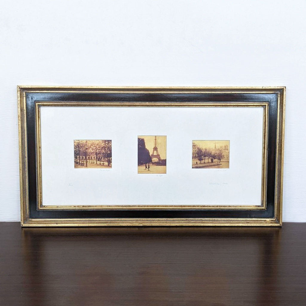 Framed Reperch prints featuring three vintage-style scenic images.