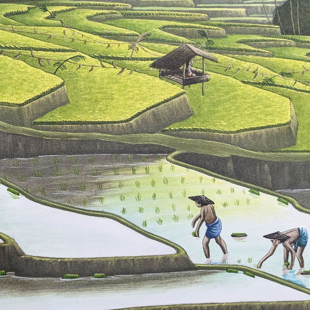Close-up of Bali rice fields showing farmers working in flooded terraces.