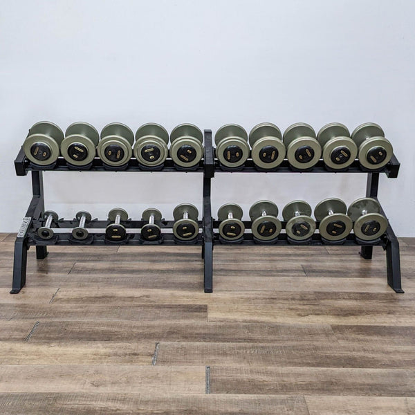 Ivanko dumbbell set on double-level rack, weights range from 5 to 100 lbs.