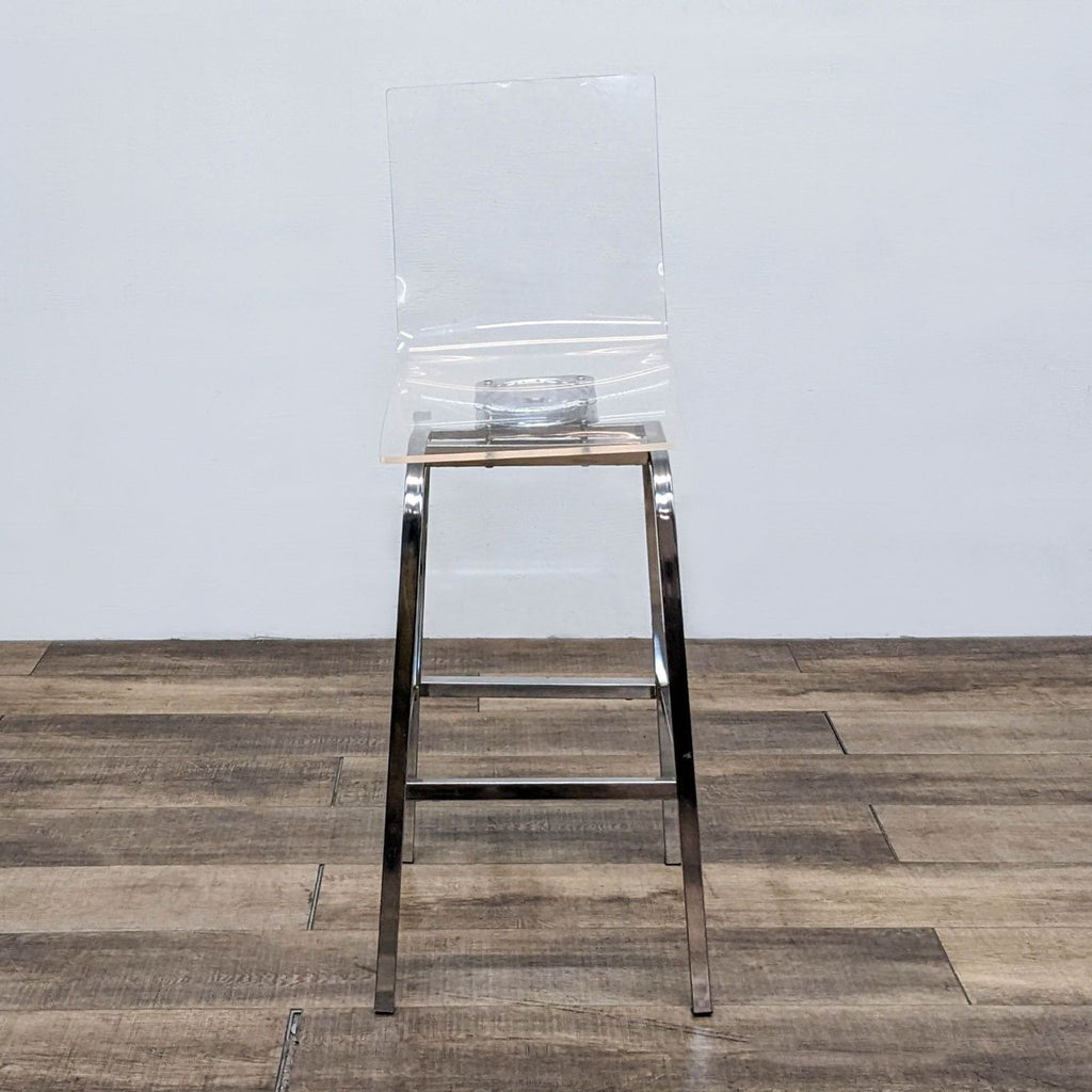 Front view of a high back acrylic swivel stool on a wooden floor.