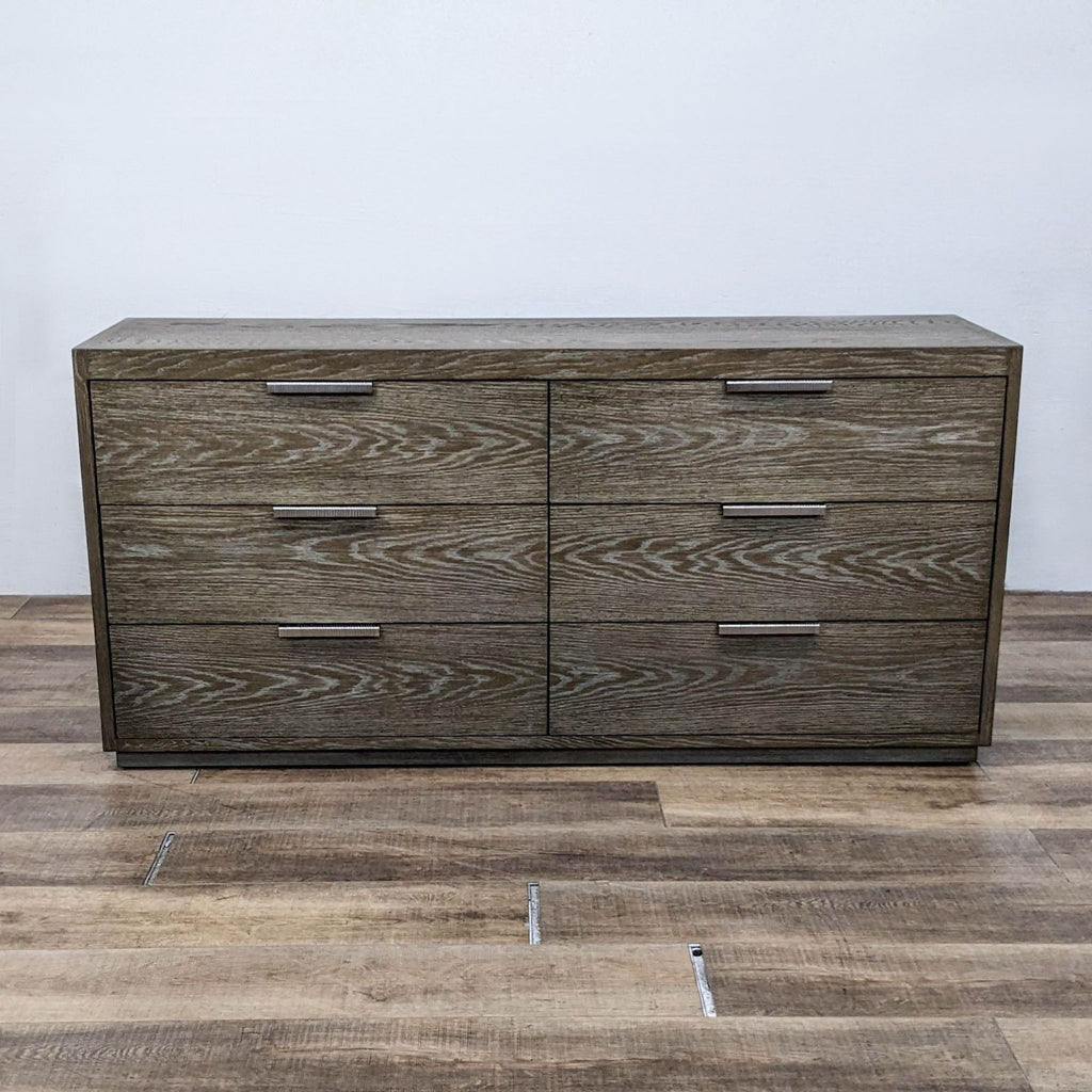 Solid oak six-drawer dresser with metal pulls in Normandy Grey, by Bassett Furniture.