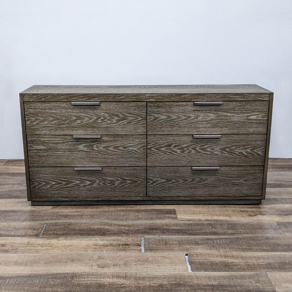 Solid oak six-drawer dresser with metal pulls in Normandy Grey, by Bassett Furniture.