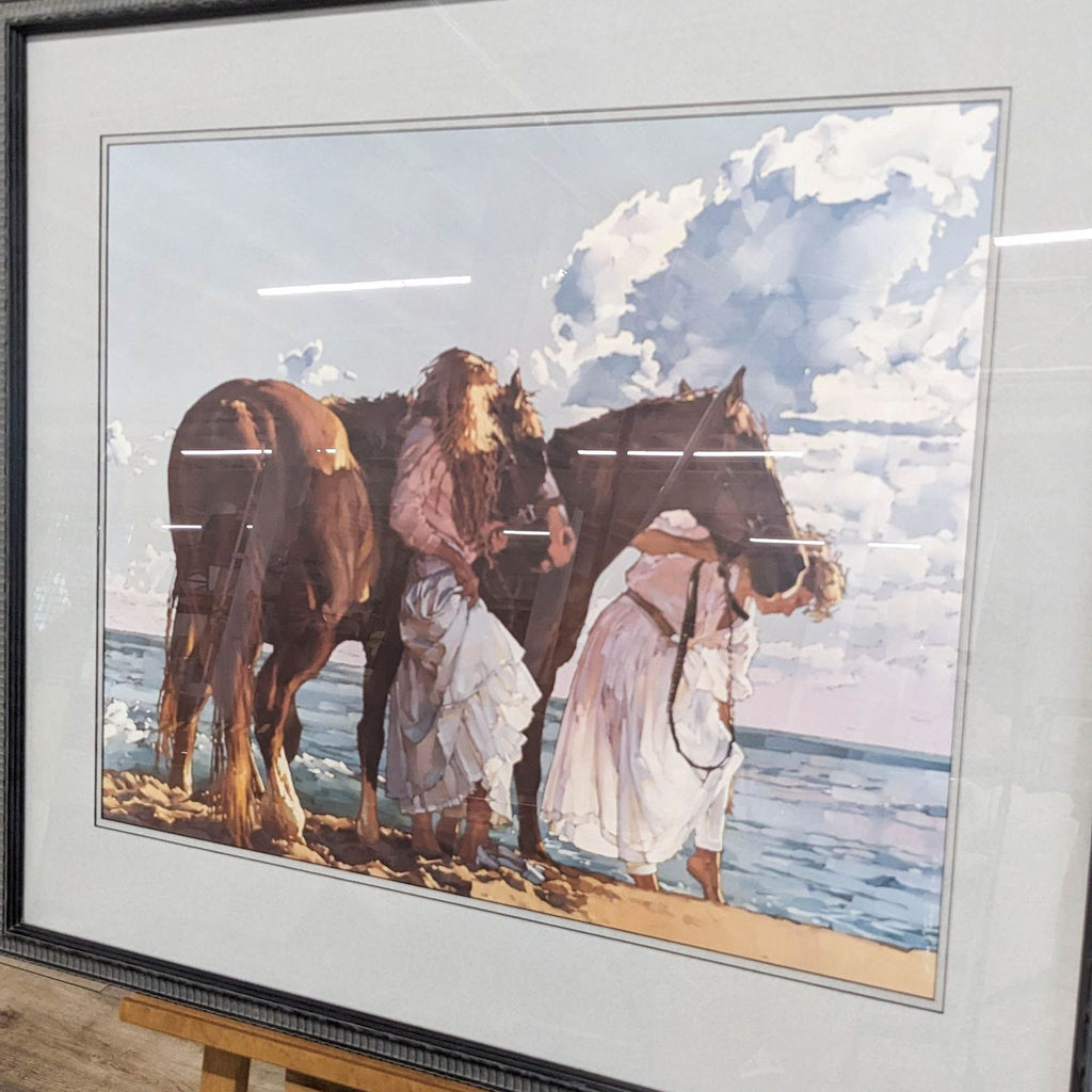 Close-up of framed print featuring two figures with horses and a sea backdrop. Brand: Reperch.