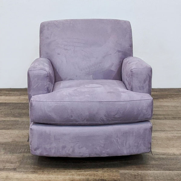 Front view of a plush lavender Carter lounge chair with a swivel base.