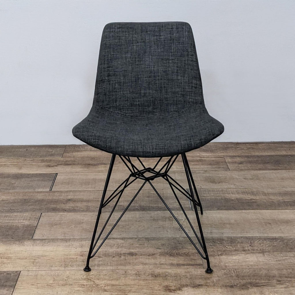 Front view of the Palmetto Chair with a black metal frame and gray fabric seat.