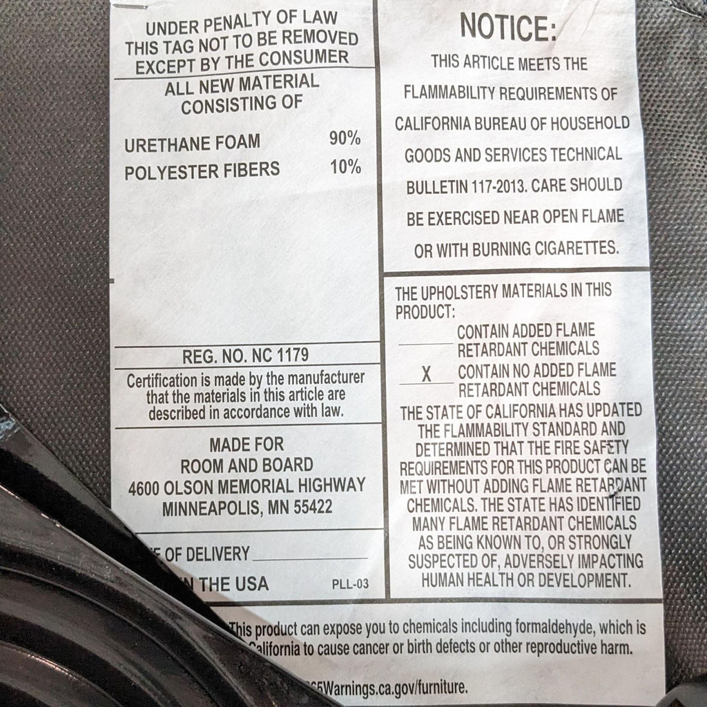 Label showing material details and safety compliance information.