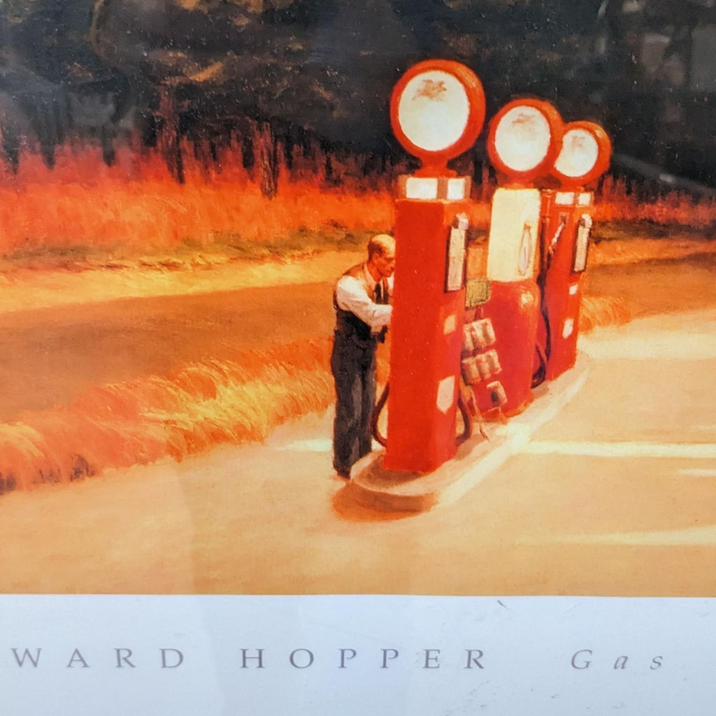 Close-up of Edward Hopper's "Gas" showing vintage gas pumps.