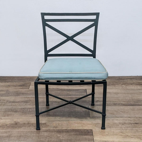 Brown Jordan neoclassical chair with aluminum frame and cushion.