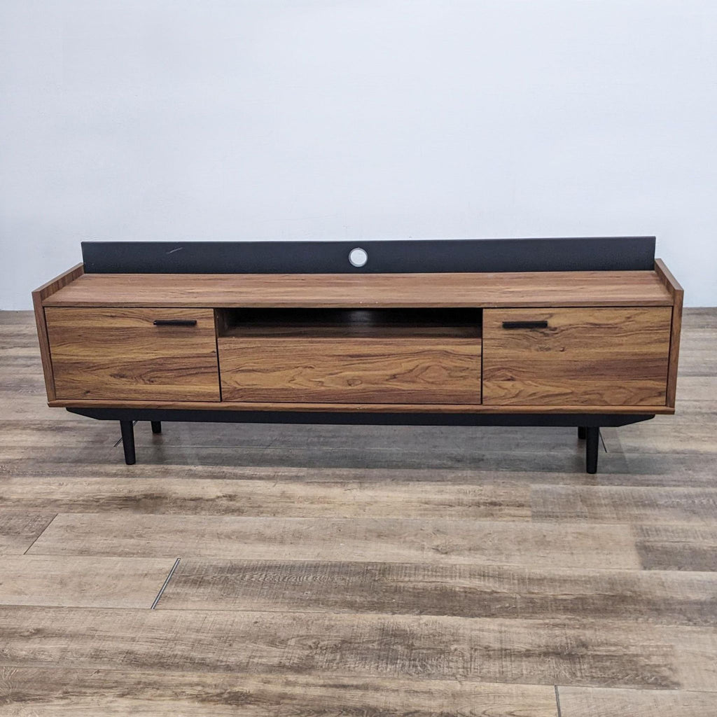Modway Visionary TV stand with walnut finish, black hardware, and ample storage spaces.