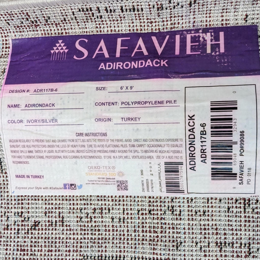 Label of Safavieh Adirondack rug detailing size and care instructions.