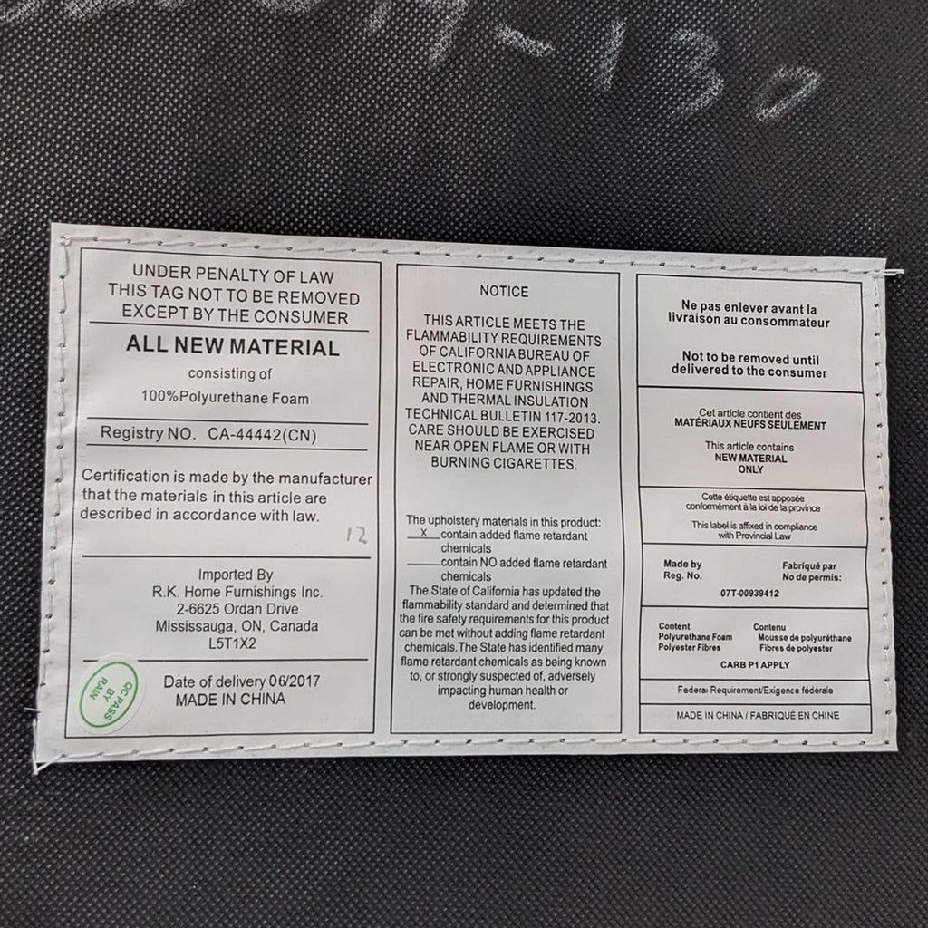 Material tag for upholstered stool with safety guidelines.