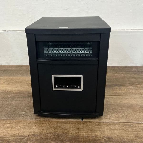 Front view of a Lifesmart black infrared heater with control panel.  
