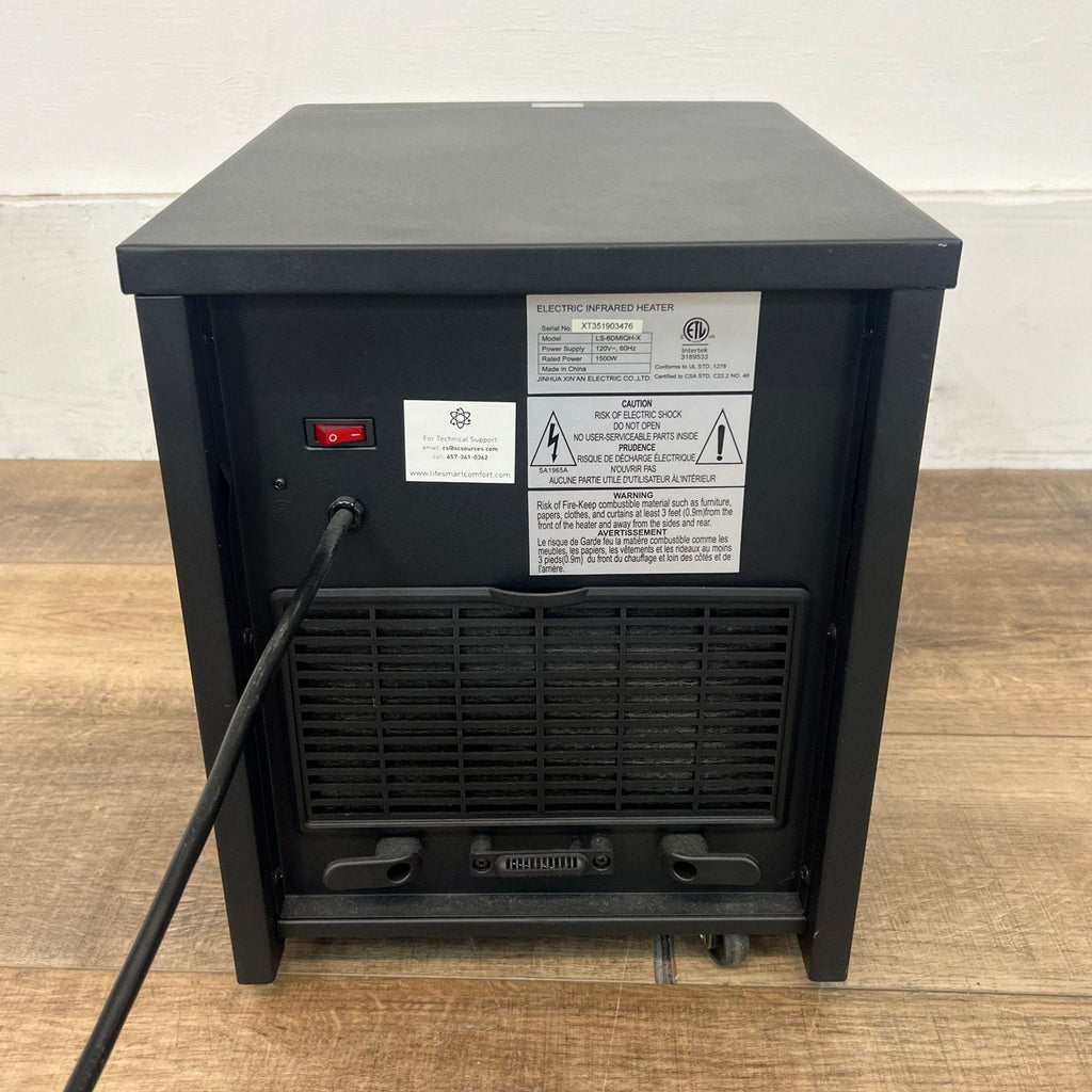 Back view of Lifesmart heater displaying power switch and caution labels.