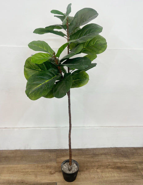 Artificial fiddle leaf fig tree, 5 feet tall in a black pot, with large glossy leaves.