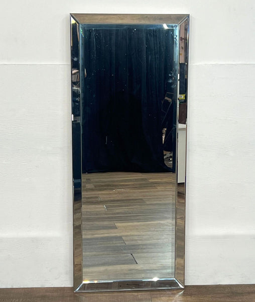 Full-length mirror with a beveled frame, designed to lean or mount with D-Rings.