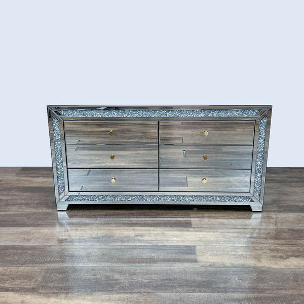 Sleek 6-drawer dresser with mirrored panels and faux diamond accents on wood.