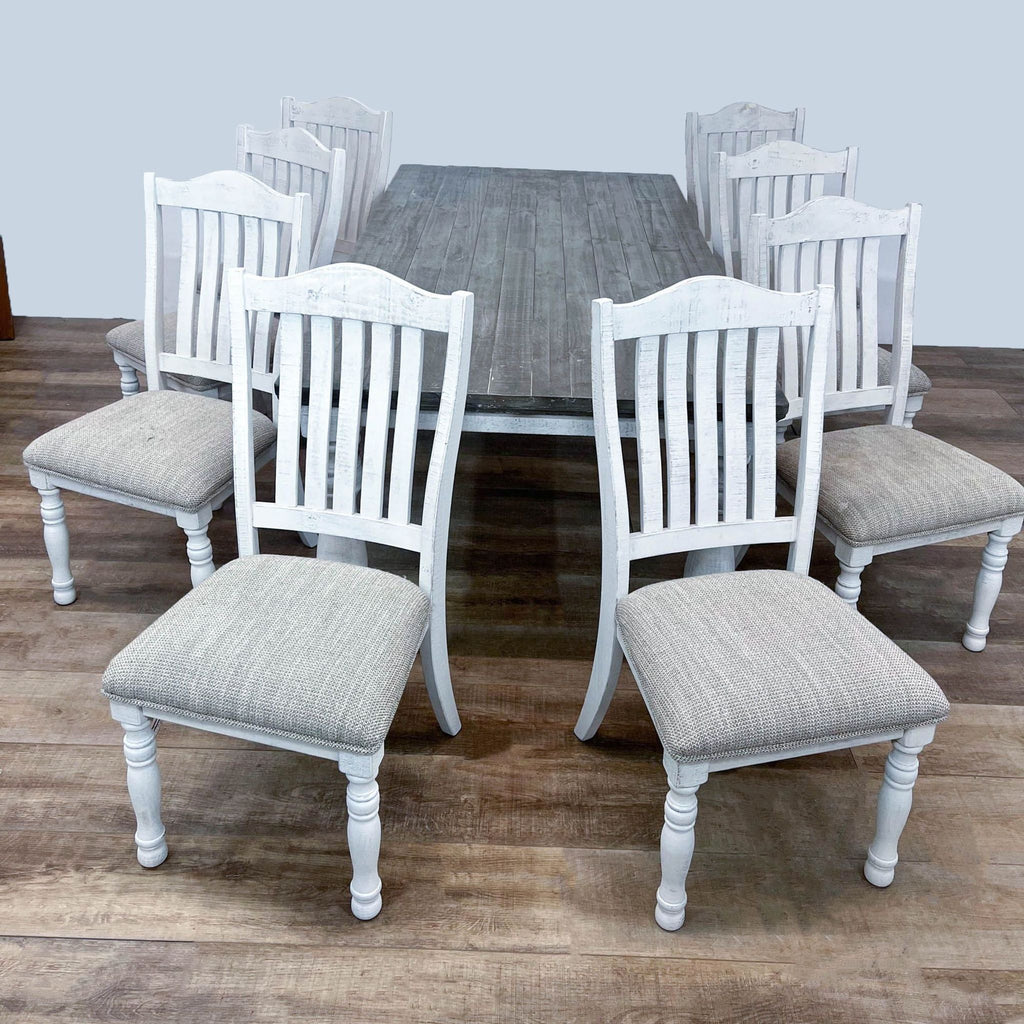 Weathered neutral dining set featuring bent slat back chairs and sturdy table from Ashley Furniture.
