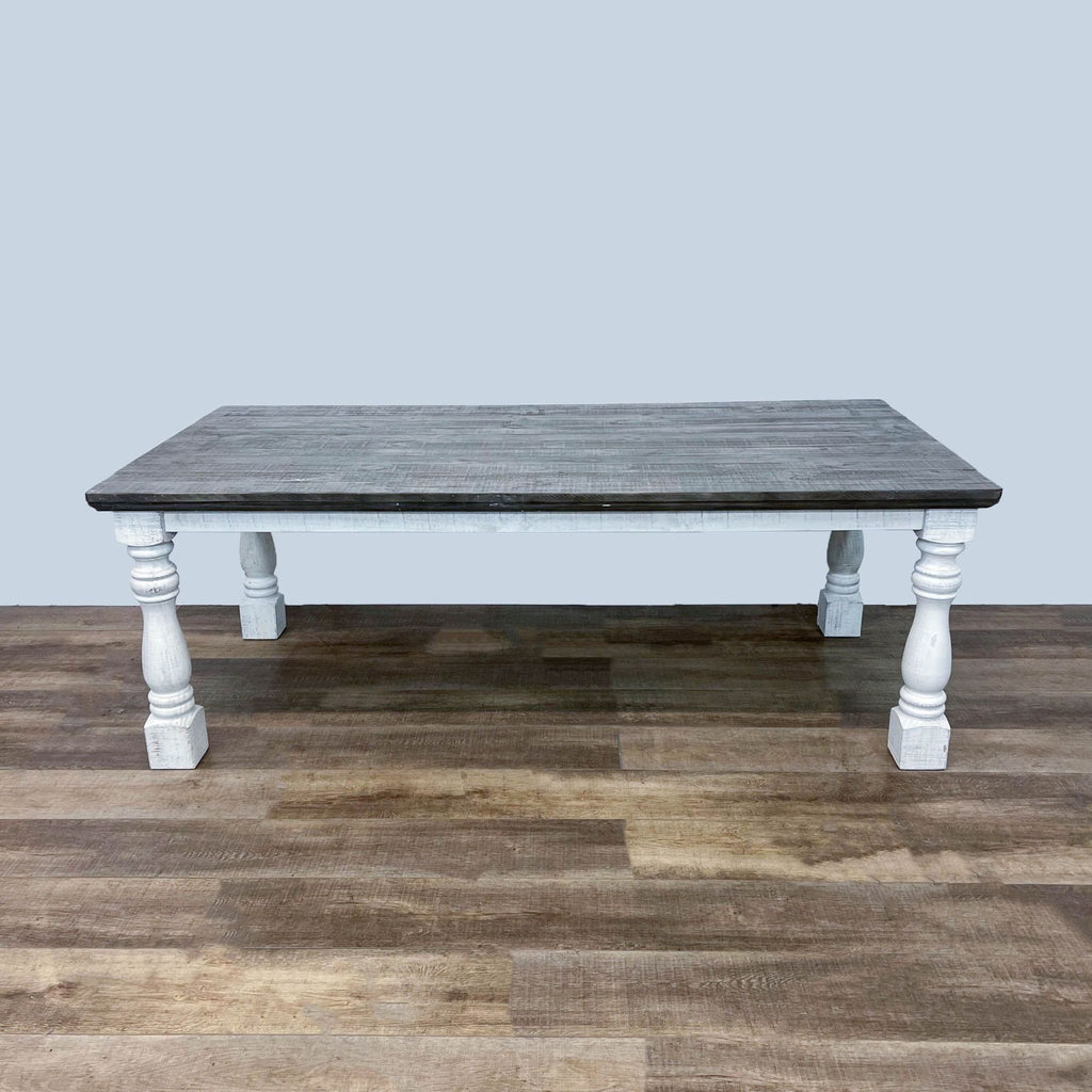 Modern farmhouse dining set with robust table legs and upholstered chairs by Ashley Furniture.