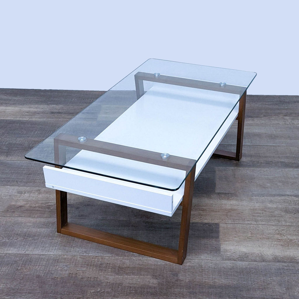 Reperch coffee table features a sleek glass top, white shelf, and angled wooden legs.