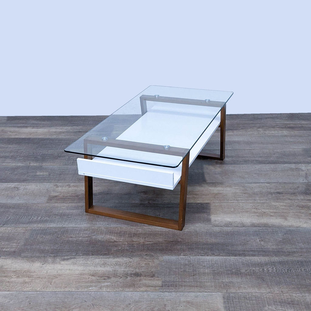 Elegant Reperch coffee table combines glass, wood, and a white shelf for a contemporary look.